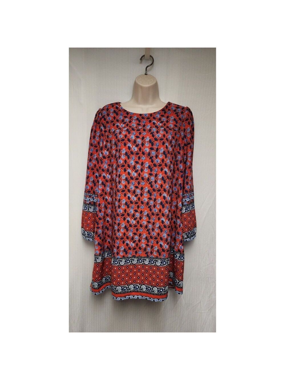 LOFT BORDER FLORAL ROUND NECK BALLOON SLEEVES LENGTH DRESS SIZE MP MULTI RED - Picture 4 of 9